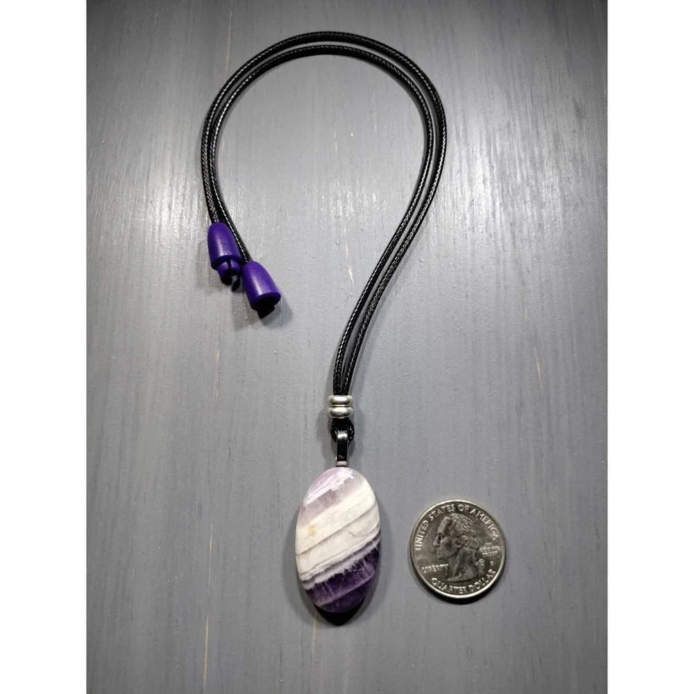TrailerSpark Banded Amethyst Pendant Necklace 18in Black Waxed Cord Break Away